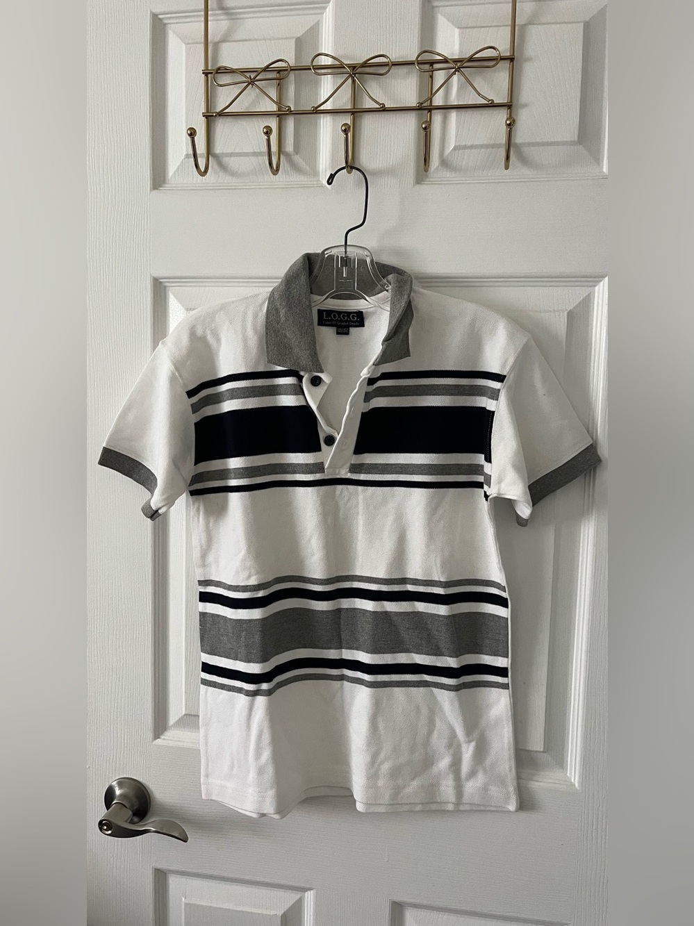 L.O.G.G. Men’s White Polo with Gray & Black Stripes